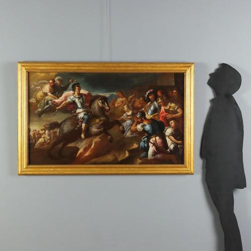 Oil on canvas. 17th-century Bolognese School. The large, rich scene features a knight bursting into the enemy camp, dagger...