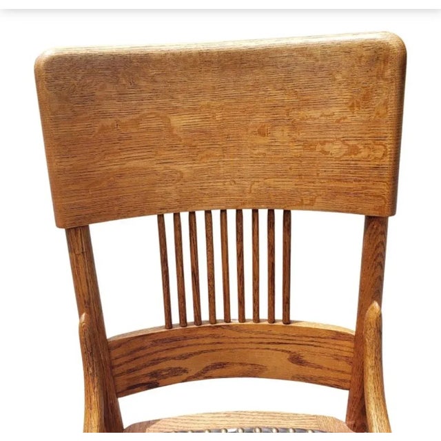 Early American Pressed Oak Studded Back & Nail Leather Dining Chairs, a Set For Sale - Image 4 of 10