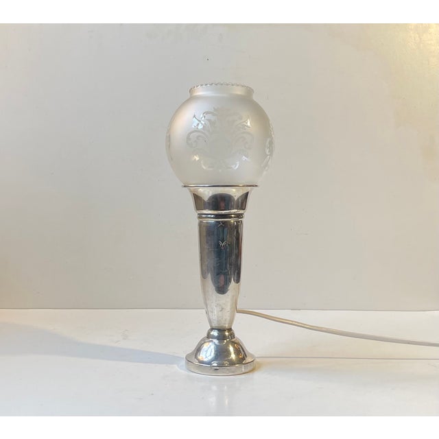 Small Art Deco Silver-Plated Table Lamp with Etched Glass Dome, 1930s For Sale - Image 10 of 10