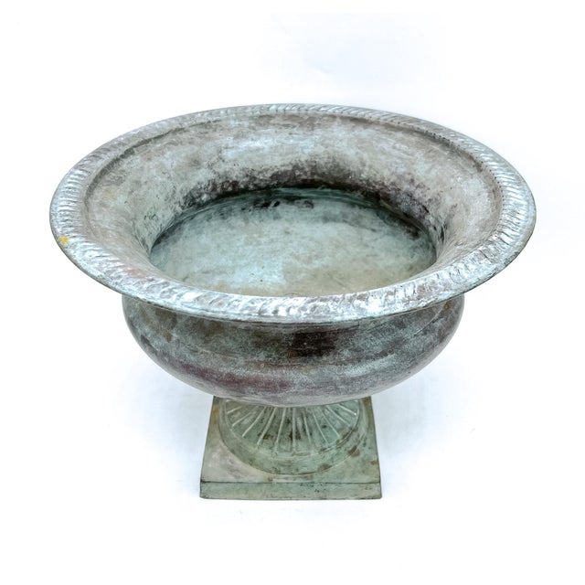Campania International Vintage Verdigris Metal Urn Planter / Cachepot – Neoclassical Garden Style / Traditional / Classical For Sale - Image 4 of 12