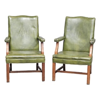 Late 20th Century Pair of Alma Mahogany Armchairs Green Leather Fabric Made in North Carolina For Sale