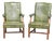 Late 20th Century Pair of Alma Mahogany Armchairs Green Leather Fabric Made in North Carolina For Sale