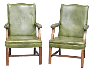 Late 20th Century Pair of Alma Mahogany Armchairs Green Leather Fabric Made in North Carolina