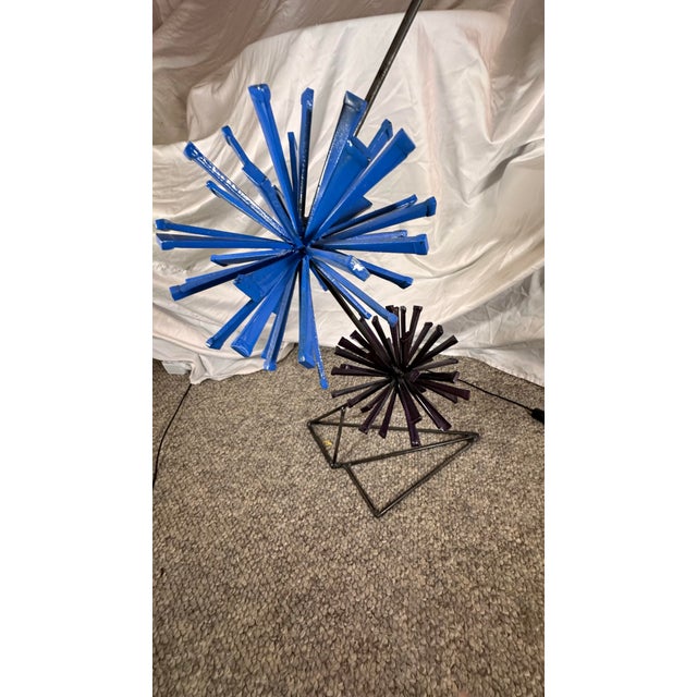 Mid-Century, Modern Atomic Wrought Iron, Starburst Sculpture Three colored starburst, one silver one royal blue one black...