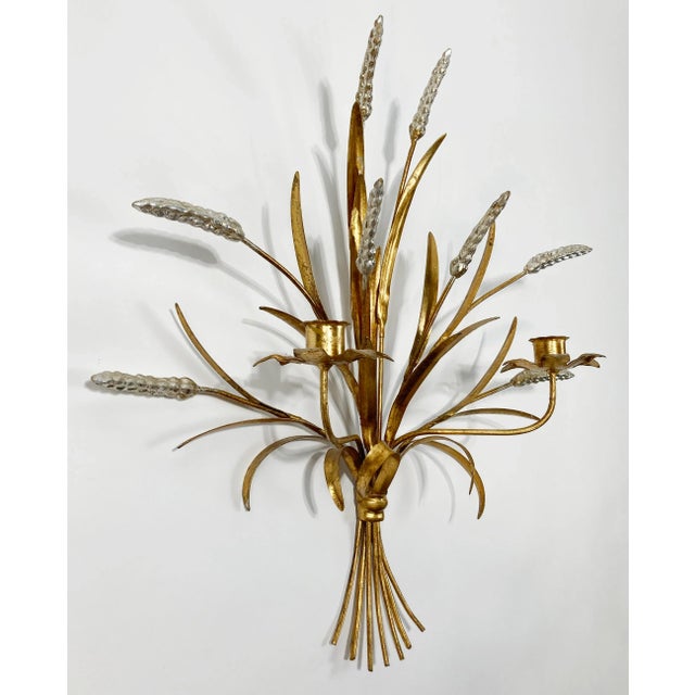 Hollywood Regency Vintage Tole Gilt Sheaf of Wheat Candle Wall Sconce For Sale - Image 3 of 6