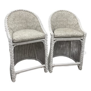 Pair of Vintage Retro Wicker Upholstered Bar Stools For Sale
