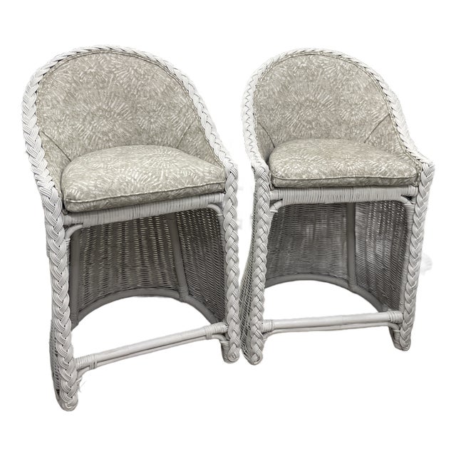 Pair of Vintage Retro Wicker Upholstered Bar Stools For Sale