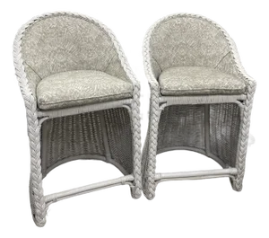 Pair of Vintage Retro Wicker Upholstered Bar Stools
