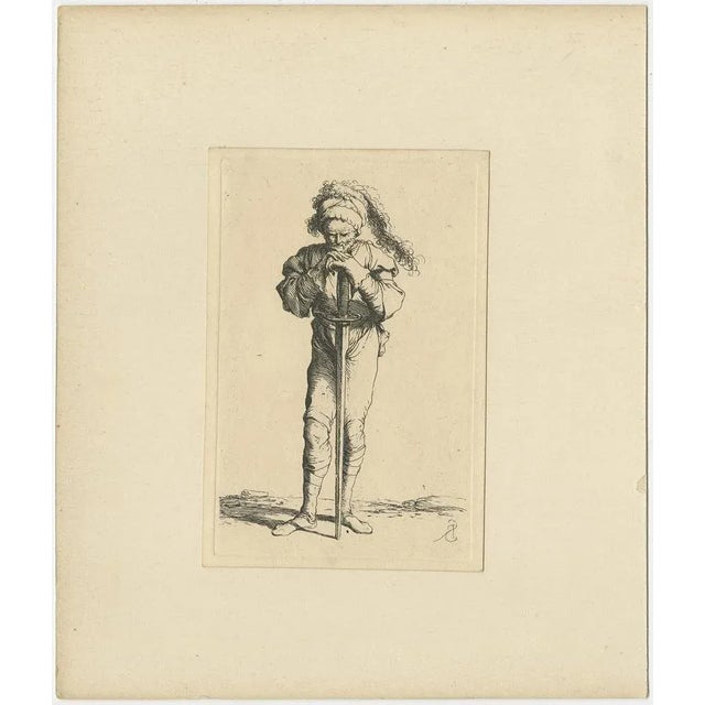 Etching of a warrior standing and leaning on a long sword. Originates from a figurine series 1653-1658, signed with his...