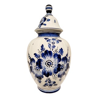 Antique Dutch Hand-Painted Delft Blue Lidded Vase, Holland, 1920s For Sale