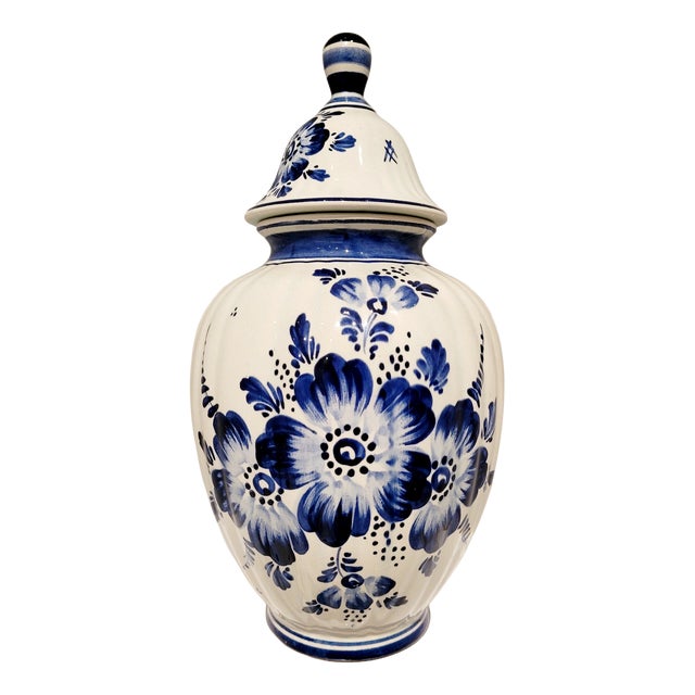 Antique Dutch Hand-Painted Delft Blue Lidded Vase, Holland, 1920s For Sale