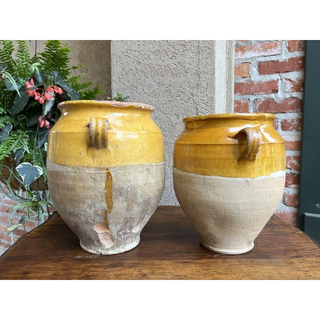 Pair Antique Provincial French Yellow Glazed Pottery Confit Pot Urn Vase Vessel For Sale - Image 4 of 13