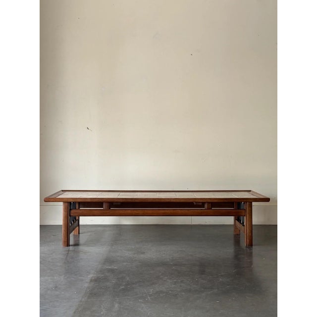 Wood Mid Century Modern Walnut + Travertine & Iron Coffee Table For Sale - Image 7 of 7