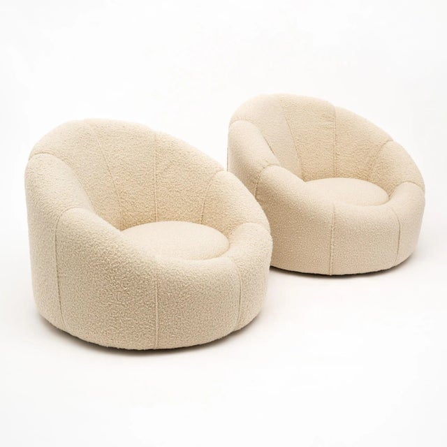 Pair of custom armchairs from Italy made in the modernist style with strong frames and a new “bouclé” wool blend...