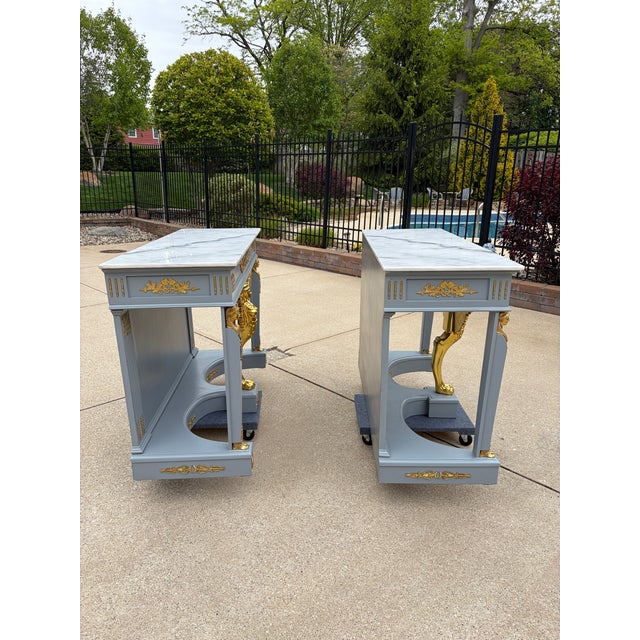 A Pair of Empire Revival Consoles With Gilded Sphinxes and Marble Tops For Sale - Image 9 of 17