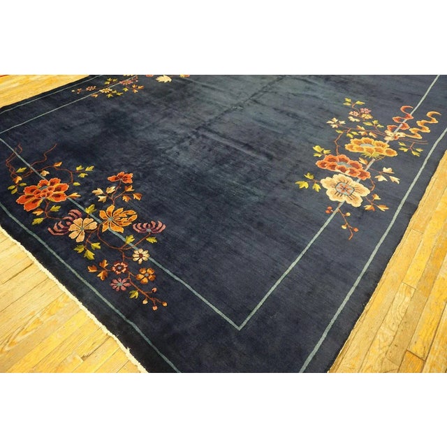 1920s 1920s Blue Navy Field Floral Antique Chinese Art Deco Carpet 9' X 11'4" Knotted Wool Rug For Sale - Image 5 of 15