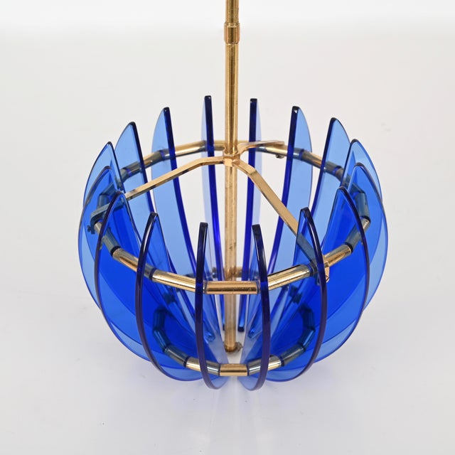 Mid-Century Italian Blue Glass and Brass Pendant attributed to Galvorame, Italy, 1960s For Sale - Image 11 of 17