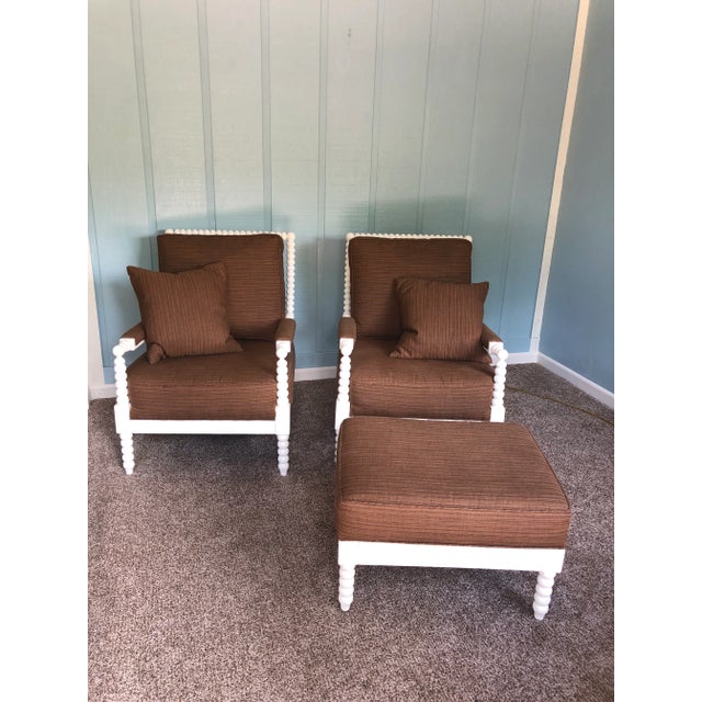 Beautiful pair of spindle Club Arm Chairs & Ottoman dark brown fabric, white wood