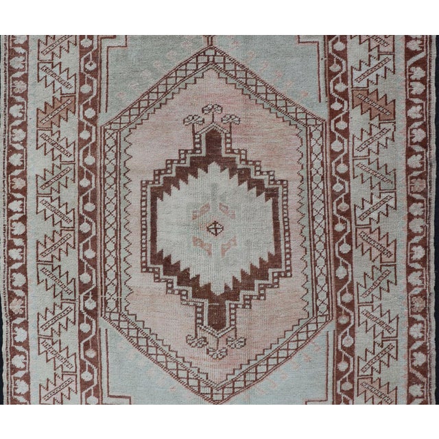 Mid 20th Century Vintage Turkish Oushak Rug With Traditional Design in Muted Blue, Brown, Salmon 3'6 X 5'7 For Sale - Image 5 of 11