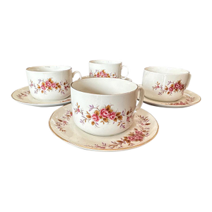 Mid 20th Century Rose Porcelain Teacups and Saucers Set- 8 Pieces