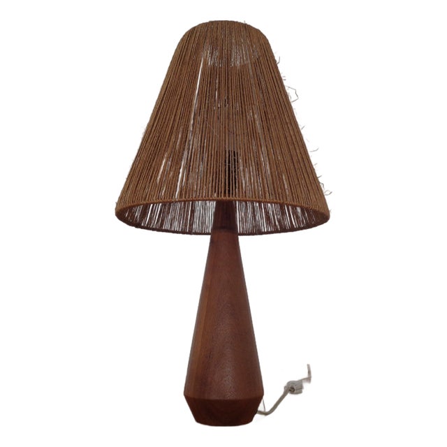 Mid-Century Teak and Sisal Table Lamp, Denmark, 1950s For Sale