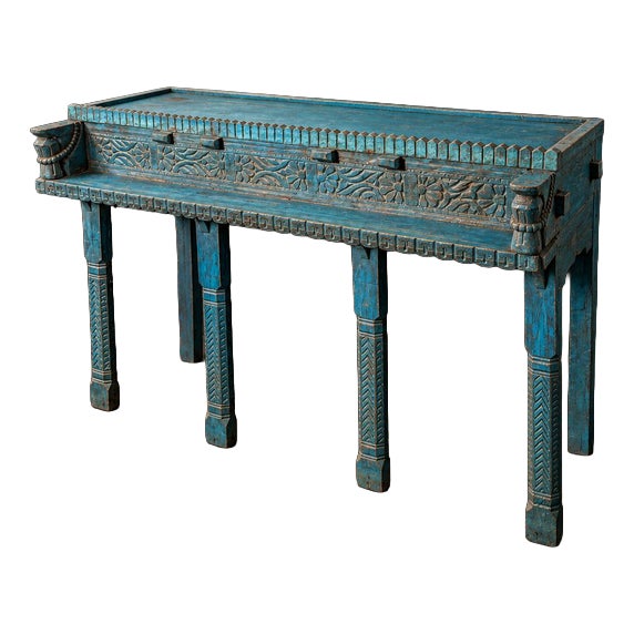 Indian Carved Console Table in Turquoise Blue For Sale