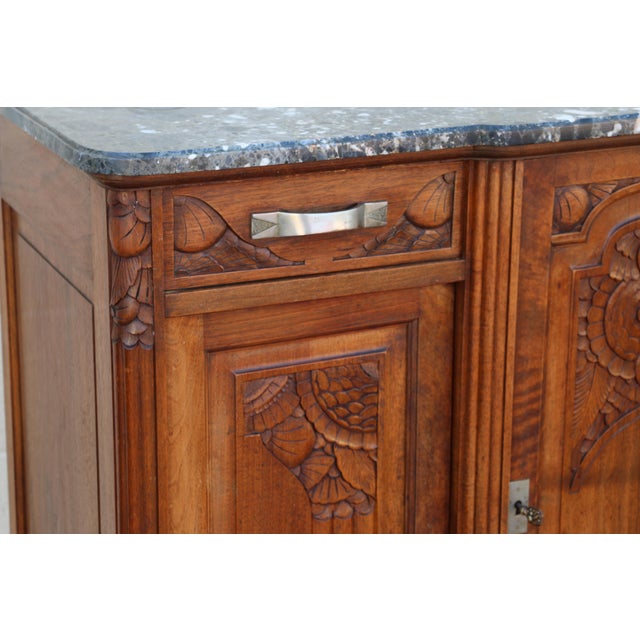 Antique French Art Deco Marble Top Sideboard Buffet Cabinet | Carved Solid Wood Bar Cabinet | Circa 1920s For Sale In Los Angeles - Image 6 of 18