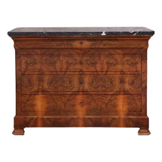 19th Century Louis Philippe Burled Walnut Chest With Black Marble Top For Sale