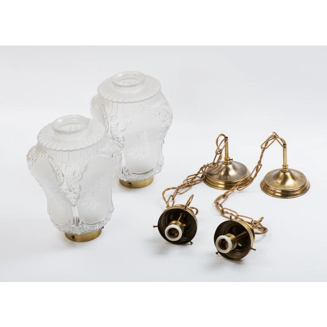 1950s French Rococo Brass Chain Pendant Lights, Acid-Etched Pressed Crystal Shades - A Pair For Sale - Image 11 of 12