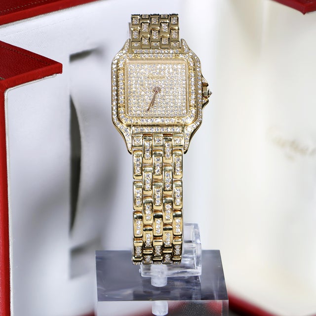 Metal Cartier Panthere Jumbo in 18k Gold Factory Diamond Pave Dial & Bracelet Watch For Sale - Image 7 of 16