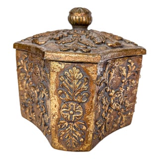 Vintage Gilt Decorative Box With Relief Foliate Motif For Sale