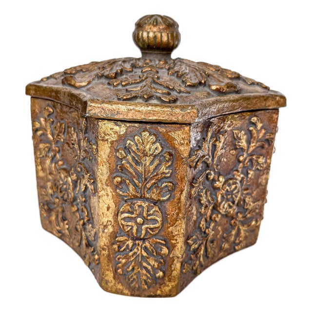 Vintage Gilt Decorative Box With Relief Foliate Motif For Sale