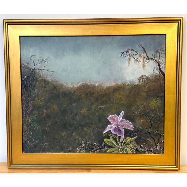 Folk Art After Martin Johnson Heade: Tropical Orchid, South American Landscape For Sale - Image 3 of 12