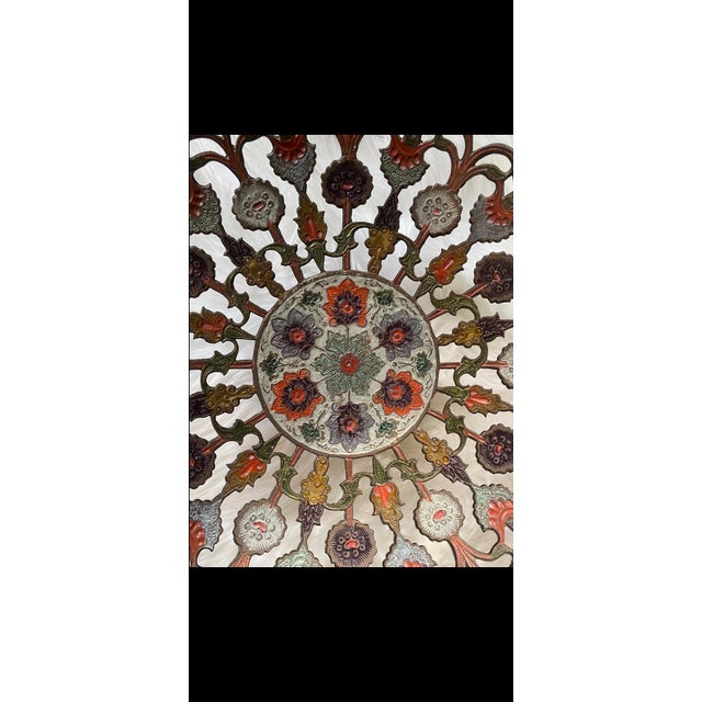 Shabby Chic Penco Vintage Hand Painted Floral Brass Pedestal Open Decorative Bowl For Sale - Image 3 of 9