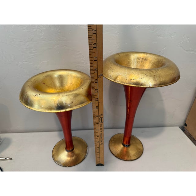 1990s Pair of Alan Lee Collection Metallic Red & Gold Leaf Glass Trumpet Vases - Staggered Set For Sale - Image 5 of 12