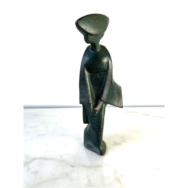 Verdigris 1950s Brutalist Bronze Finish Cast Iron Figures of Japanese Geishas Statuettes - Set of 3 For Sale - Image 8 of 10