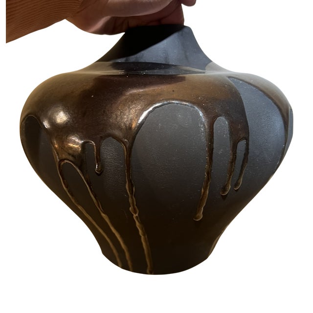 Vintage Haeger Pottery Volcanic Metallic Black Drip Glaze Matte Finish Vase Vessel Raku Collection 162 For Sale - Image 11 of 13
