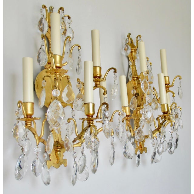Late 19th Century French Victorian -Style, Gilded Gold & Crystal Drop 5--Candelabra Wall Light Sconces - Pair For Sale - Image 4 of 17