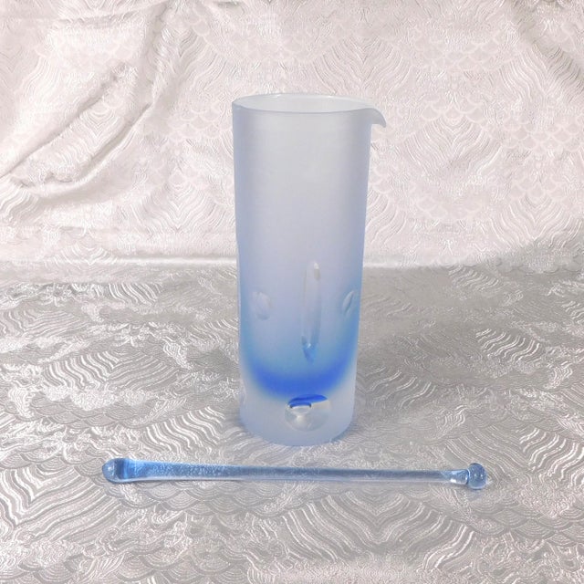 1970s Blue Cut to Clear Bar Ware Set With Serving Pitcher and Five Glasses - Set of 7 For Sale - Image 4 of 13