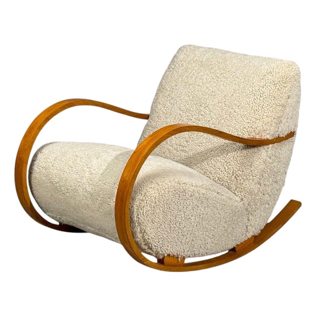 Swedish Modern, Rocking Chair, Elmwood, Beige Shearling, Sweden, 1940s For Sale