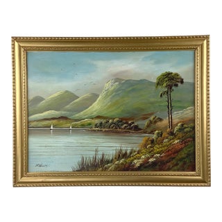 Signed J. Kellog Antique Scottish Highland Loch Oil Painting in Gilt Frame For Sale