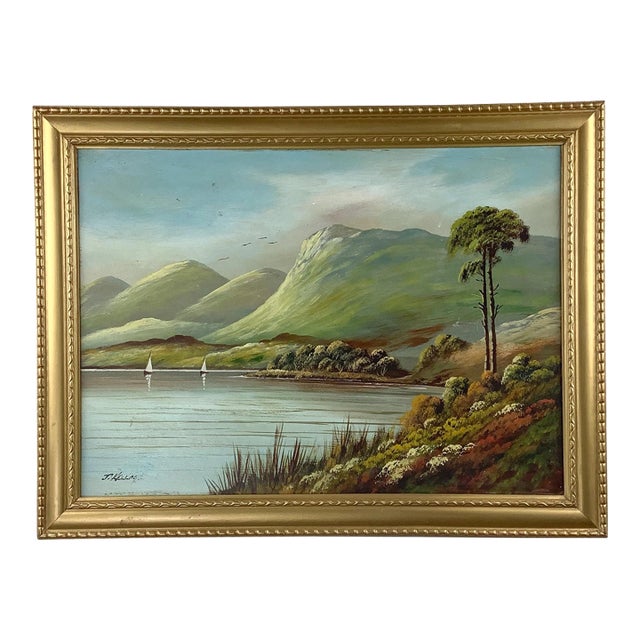 Signed J. Kellog Antique Scottish Highland Loch Oil Painting in Gilt Frame For Sale