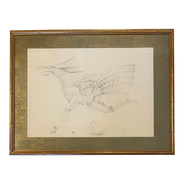 French Surrealist Graphite Drawing Hybrid Creature Dated 1974 Attri. Antoine Duc For Sale