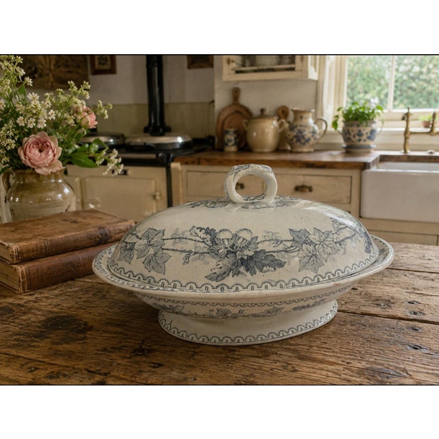 English English Antique Blue & White Tureen / Covered Dish With Crackle Glaze and Lovely Ribbon & Acorn Motifs for Cottage Core & Collectors - See Pics! For Sale - Image 3 of 10