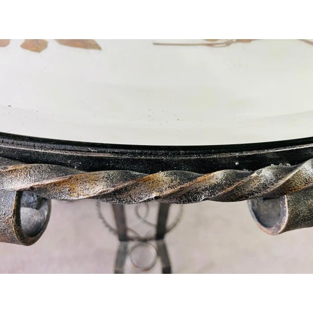 Metal Gilbert Poillerat Style Art Deco Wrought Iron & Mirrored Top Round Center Table For Sale - Image 7 of 11