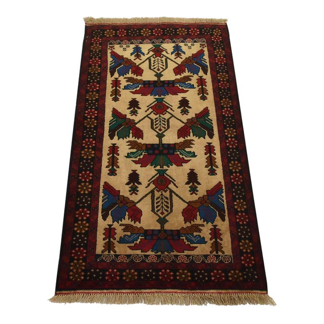Baloch Rug 2’9” X 4’11” Beige Wool Vintage Tribal Hand-Knotted Oriental Carpet For Sale