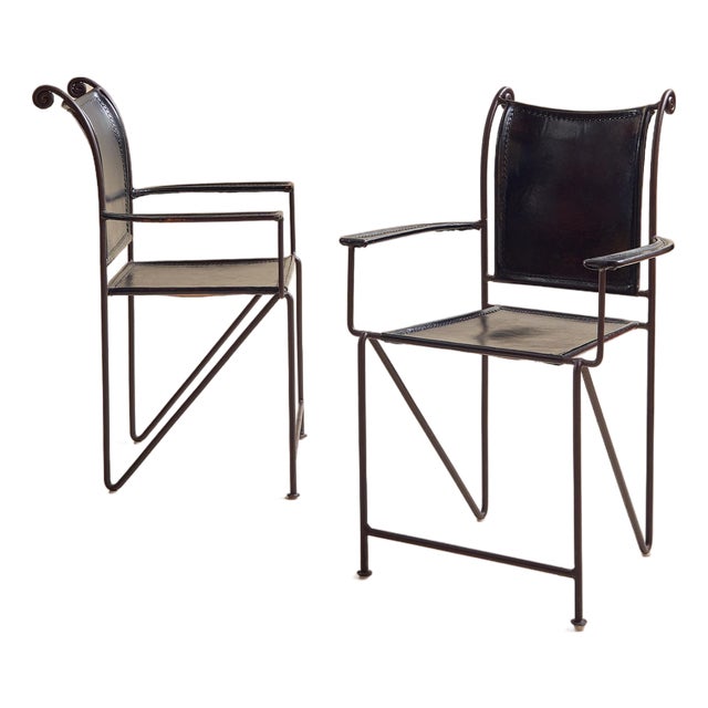 The Vintage Spanish Wrought Iron & Leather Scroll-Back Armchair, Pair For Sale