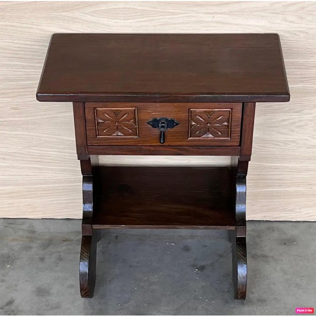 Mid 20th Century Pair of Narrow Spanish Nightstands with Carved Drawer and Low Shelve For Sale - Image 11 of 18