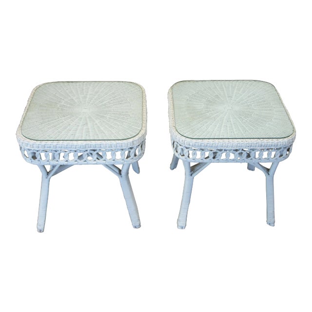Vintage White Wicker Rattan Square Side Tables - A Pair For Sale