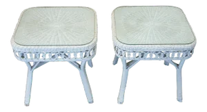 Vintage White Wicker Rattan Square Side Tables - A Pair